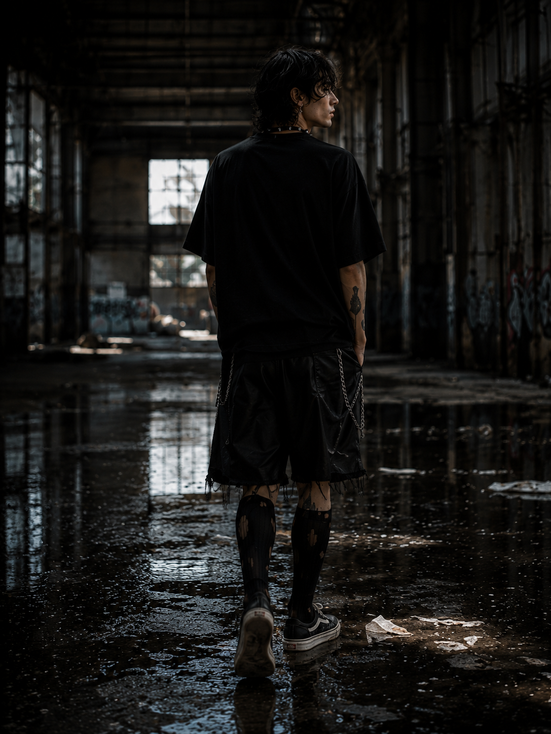 Modelo de espaldas usando look negro Fatal en una locación industrial